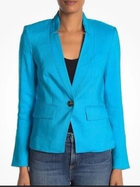 Veronica Beard Miles Dickey Blazer Sz 12 Blue Linen Jacket Turquoise Tailored